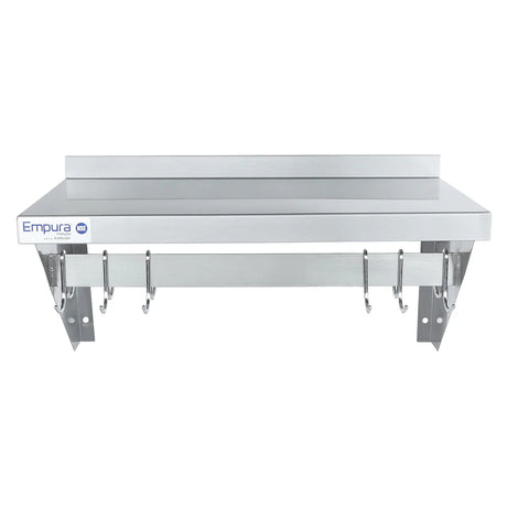 Empura Stainless E-WPS-1248 Pot Rack Wall-Mounted 48" X 12" Stainless Steel Wall Mounted Pot Rack With Shelf And 18 Gauge Galvanized Hooks