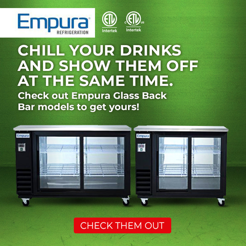 Empura mobile banner featuring glass back bar refrigerators with ETL certification