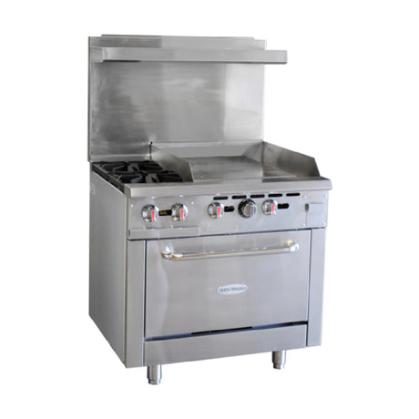 Serv-Ware SGR-2B-24G - Serv-Ware - Gas Cooking - 36" Range With Two (2) Open Burners & 24" Griddle - Dimensions: 36" W X 32.6" D X 60" H - Temperature Range: 250°F - 550°F - BTU/H: 30,000 Per Burner - # Of Burners: 2 - Gas Line: 3/4 - W.C. For Natural Gas: 4 In. - W.C. For LP: 10 In. - Materials: Stainless Steel Front