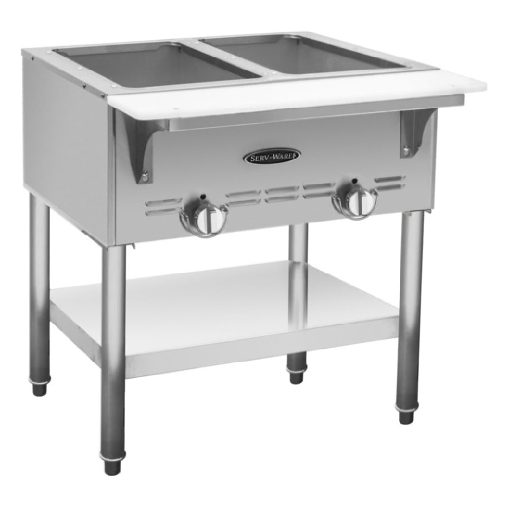 Serv-Ware SWGST-2 - Serv-Ware - Gas Cooking - 2 Bay Gas Steam Table - Natural Gas - 30.39"W X 22.5"D X 33.15"H - (2) Open Wells (accommodates Standard Size Pans) - Individual Control Valve Per Well - Cast Iron Burners - Removable 7" Cutting Board - Stainless Steel Open Base With Undershelf