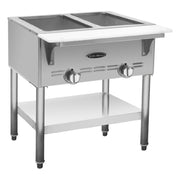 Serv-Ware SWGST-2 - Serv-Ware - Gas Cooking - 2 Bay Gas Steam Table - Natural Gas - 30.39"W X 22.5"D X 33.15"H - (2) Open Wells (accommodates Standard Size Pans) - Individual Control Valve Per Well - Cast Iron Burners - Removable 7" Cutting Board - Stainless Steel Open Base With Undershelf