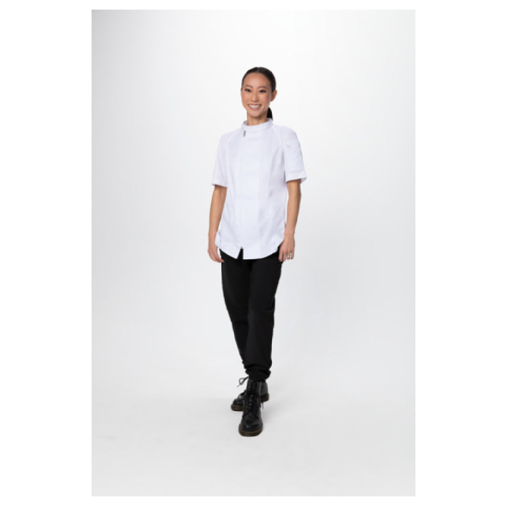 Chef Works CBZ03W-WHT-S Women's Varkala Chef Coat Raglan Short Sleeve Off-set Zip Front With Snap Collar