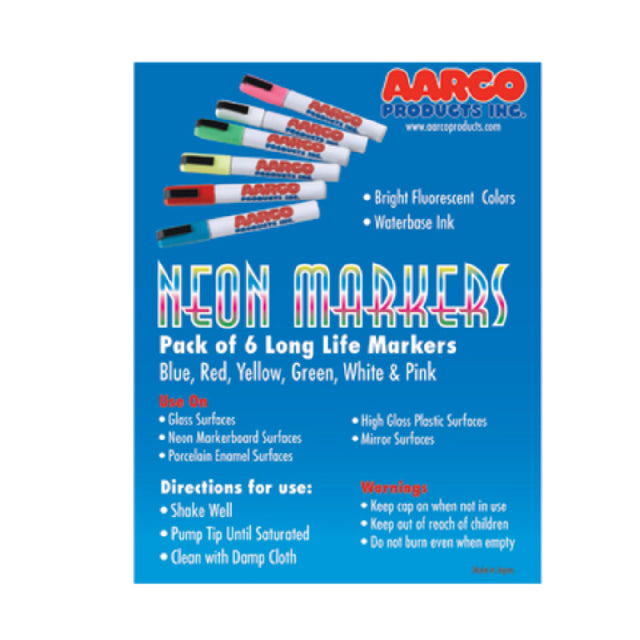 Aarco MFL-6 Markers (6) Neon Colors (blue Red Yellow Green White And Pink)