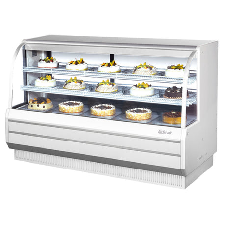 Turbo Air TCGB-72-W-N Refrigerated Bakery Display Case 72 1/2" W 23.2 Cu.ft. Self-contained Refrigeration With Self-cleaning Condenser Curved Front Tempered Glass