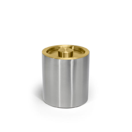 FOH RIB071BSS21 2qt Round Brushed Stainless Ice Bucket Silver With Matte Brass Lid