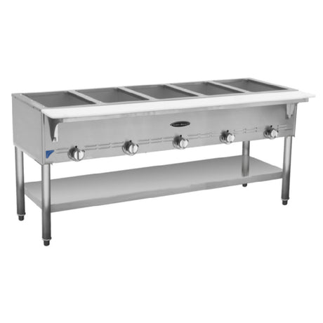 Serv-Ware SWGST-5-LP - Serv-Ware - Gas Cooking - 5 Bay Gas Steam Table - Liquid Propane - 72.39"W X 22.5"D X 33.15"H - (4) Open Wells (accommodates Standard Size Pans) - Individual Control Valve Per Well - Cast Iron Burners - Removable 7" Cutting Board - Stainless Steel Open Base With Undershelf
