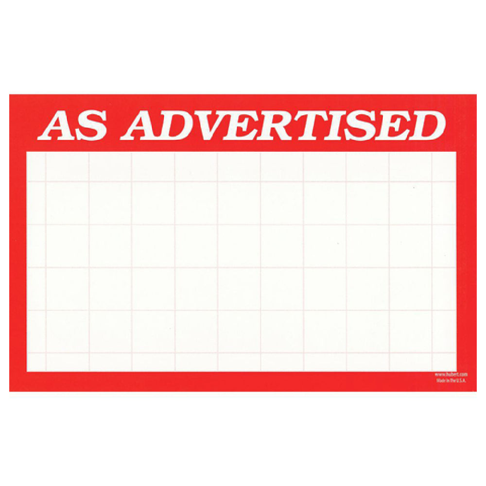 Hubert 56058 - Sign Card, "As Advertised" Imprinted, 5-1/2" X 3-1/2"