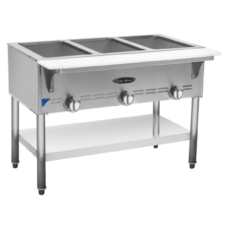 Serv-Ware SWGST-3 - Serv-Ware - Gas Cooking - 3 Bay Gas Steam Table - Natural Gas - 44.37"W X 22.5"D X 33.15"H - (3) Open Wells (accommodates Standard Size Pans) - Individual Control Valve Per Well - Cast Iron Burners - Removable 7" Cutting Board - Stainless Steel Open Base With Undershelf