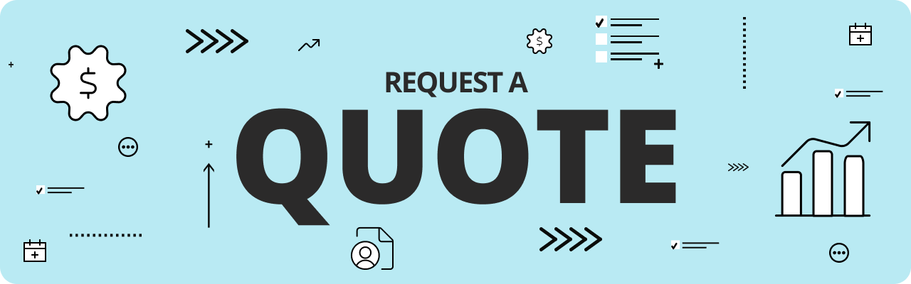 Request a Quote banner with various business icons such as a dollar sign, bar chart, calendar, and checklist on a light blue background