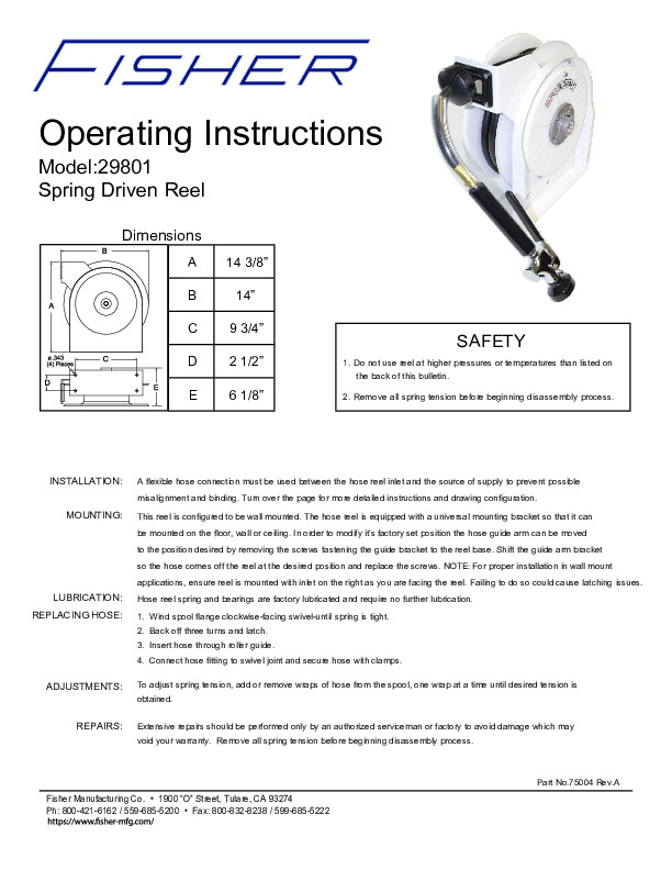 Fisher 29801 Hose Reel Assembly Exposed Reel Rinse With Spray Valve ...