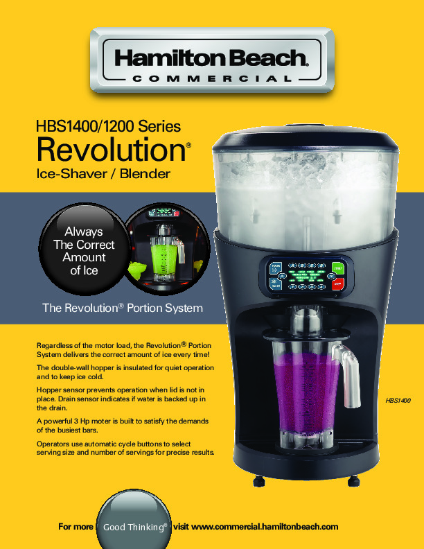 Hamilton Beach Hbs1400 Revolution Ice Shaver Insulated Double Wall Hopper Portion System 