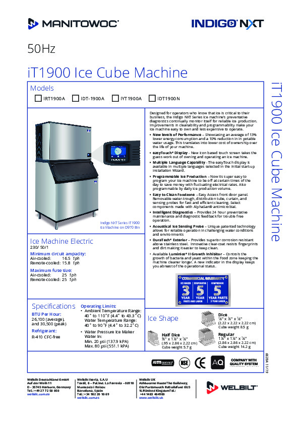 Manitowoc IDT1900A Air-cooled Cube-style Indigo Nxt™ Series Ice Maker